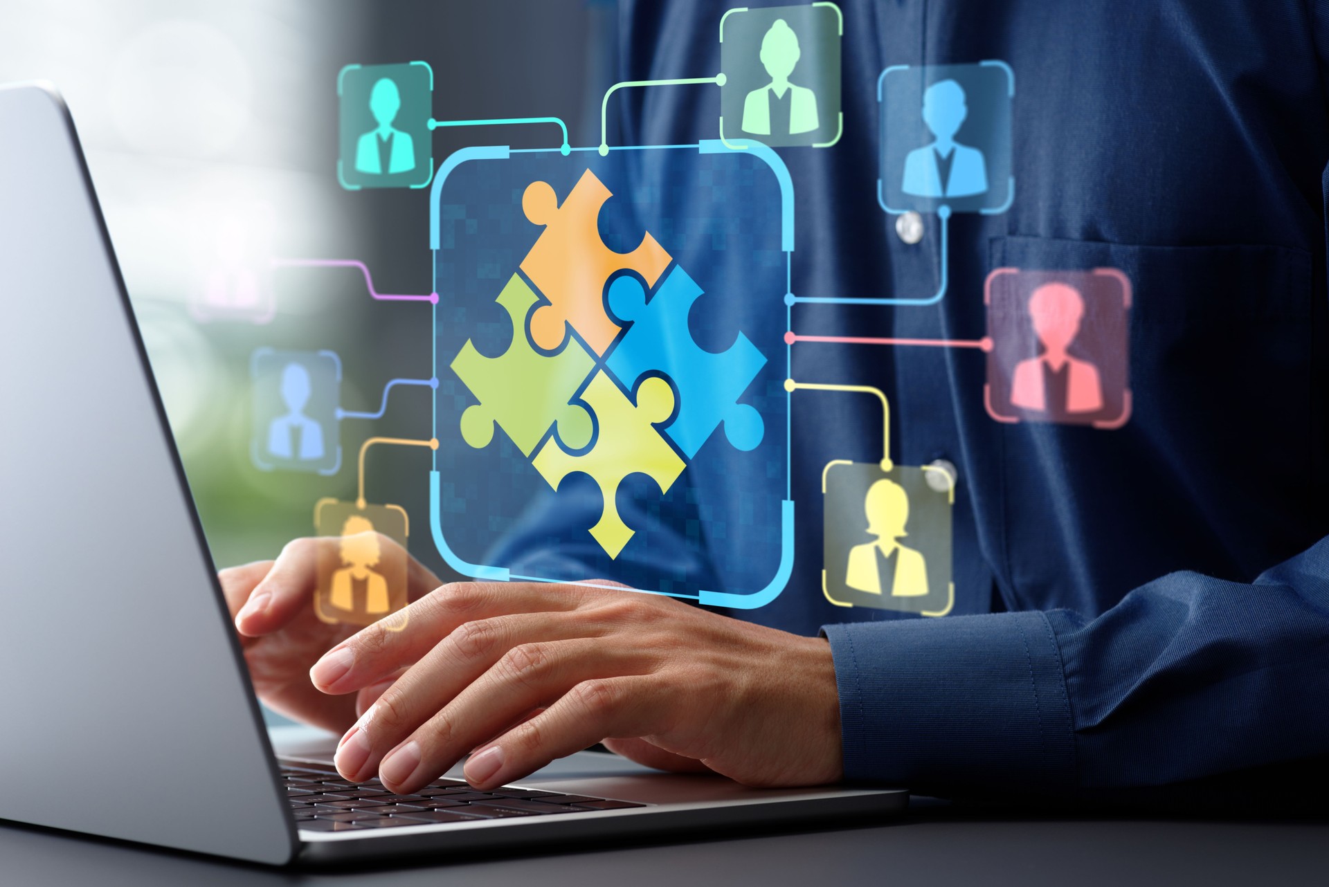 Team collaboration platform and knowledge sharing solutions. Discussion forums for project management. Businessman using laptop computer for messaging team.